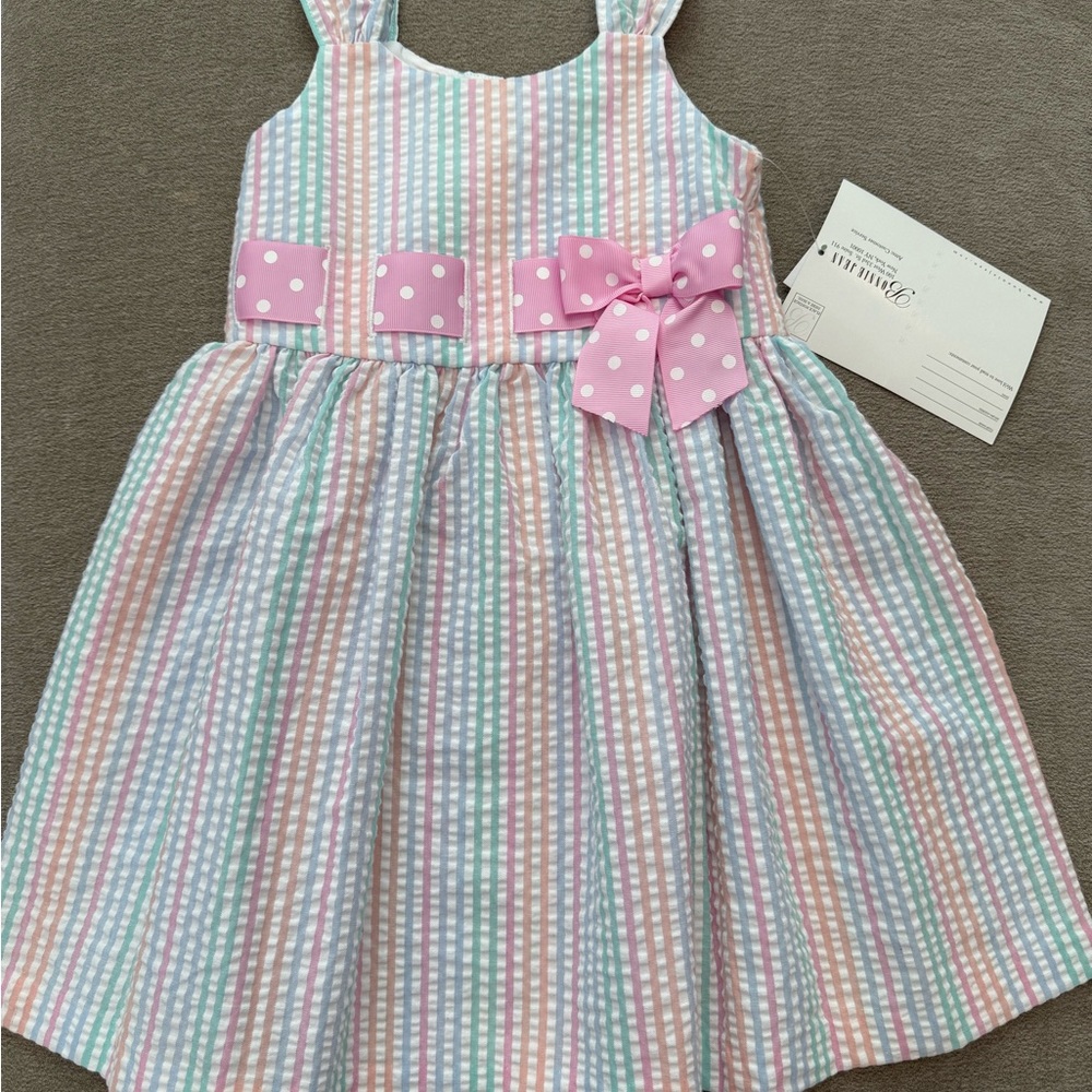 Bonnie Jean Multicolor Striped Dress with Pink Polka Dot Bow
